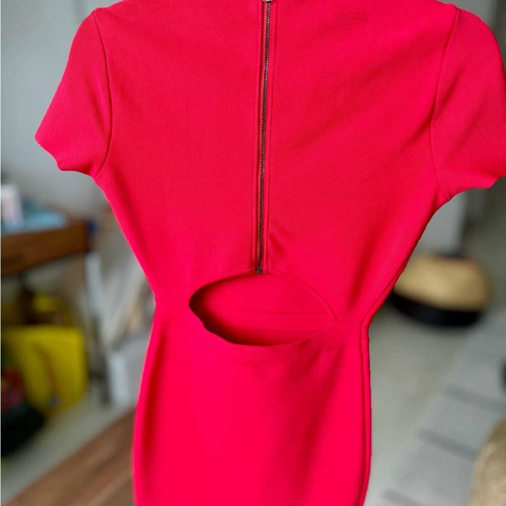 BCBGMaxAzria Red Bodycon Dress with Embellished Crew Neck - Picture 4 of 6